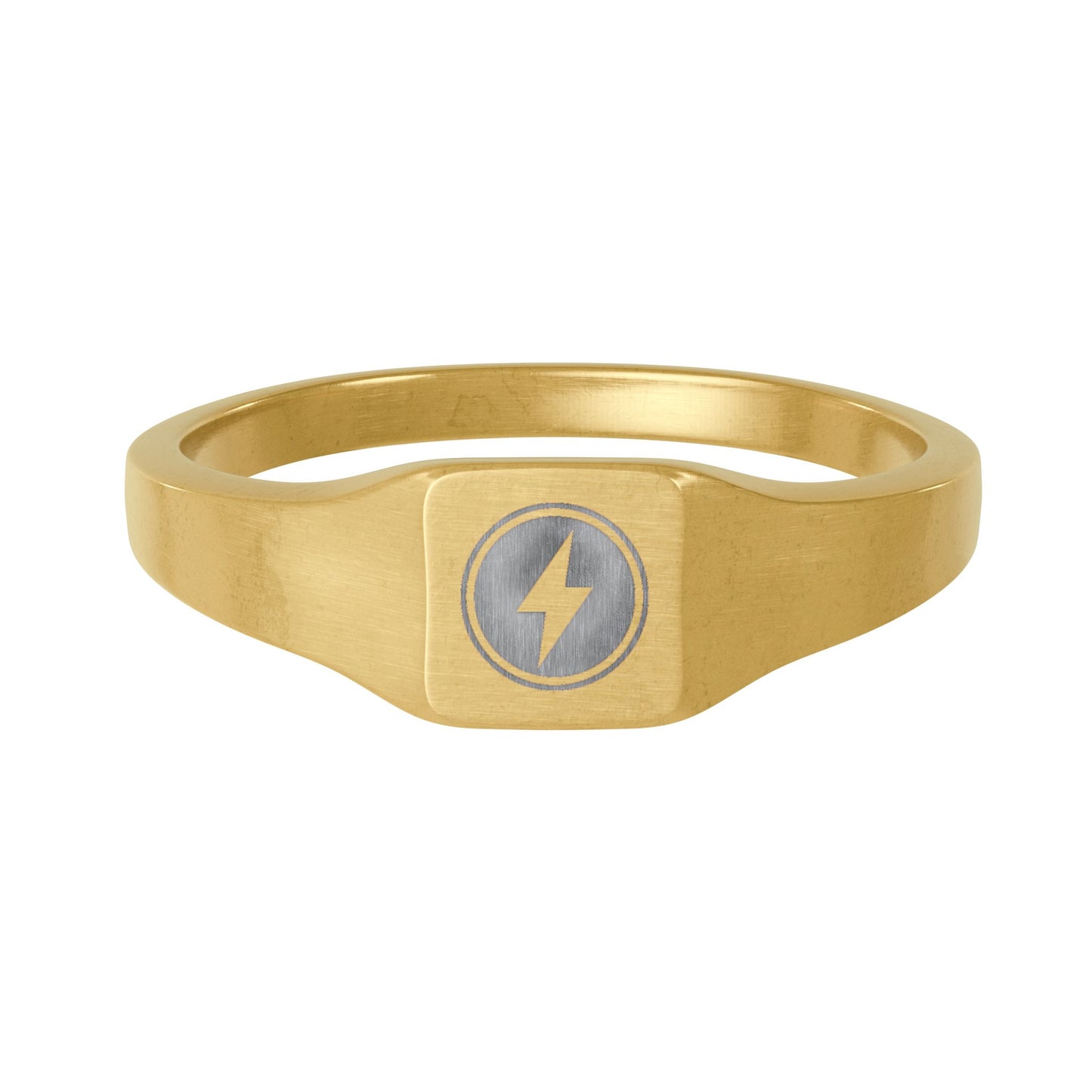 Gold Stainless Steel Square Signet Ring – Custom Engraved Lightning Bolt