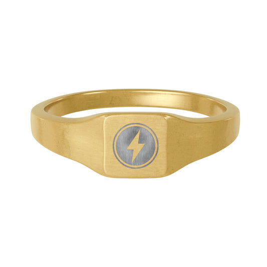 Gold Stainless Steel Square Signet Ring – Custom Engraved Lightning Bolt