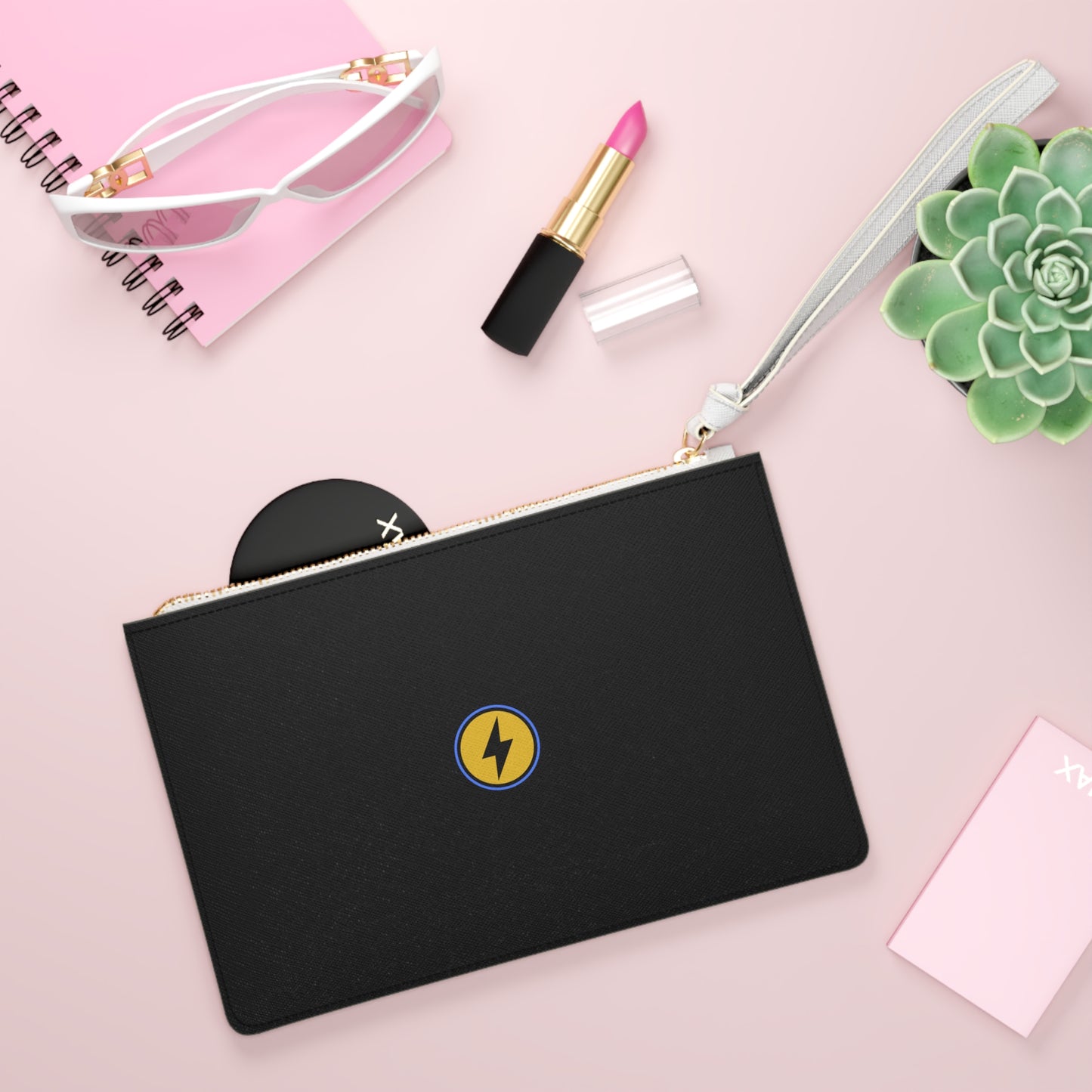 Minimal Lightning Bolt Clutch Bag — Black Wristlet Purse