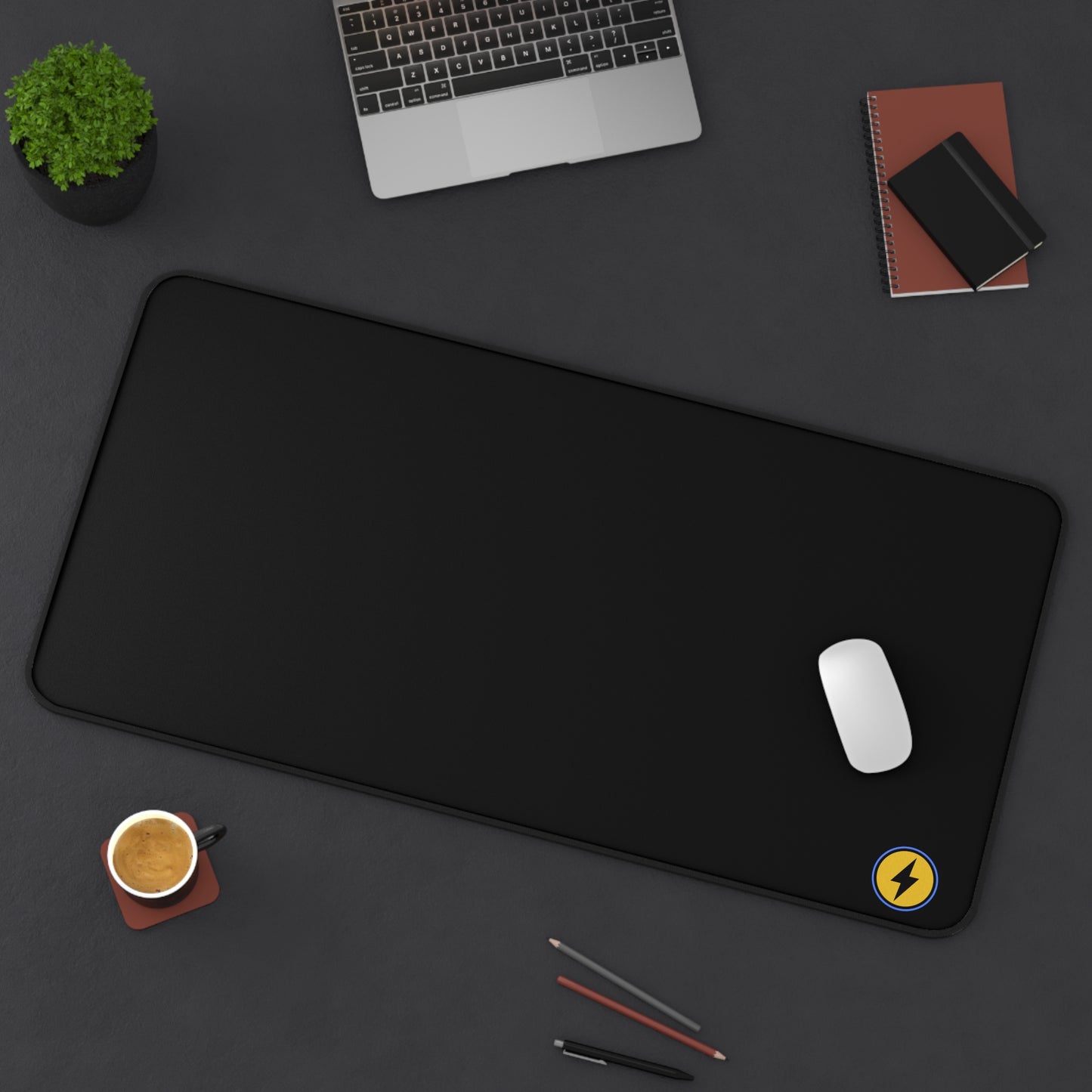 Desk Mat — Minimal Black Mouse Pad with Yellow Lightning Logo