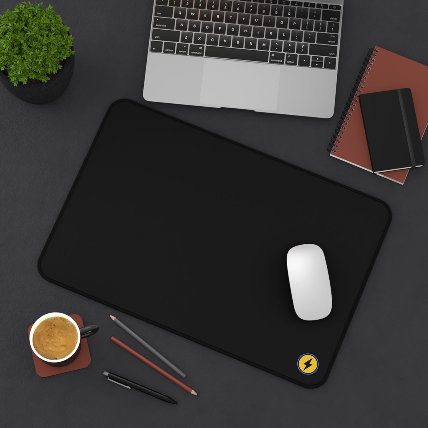 Desk Mat — Minimal Black Mouse Pad with Yellow Lightning Logo