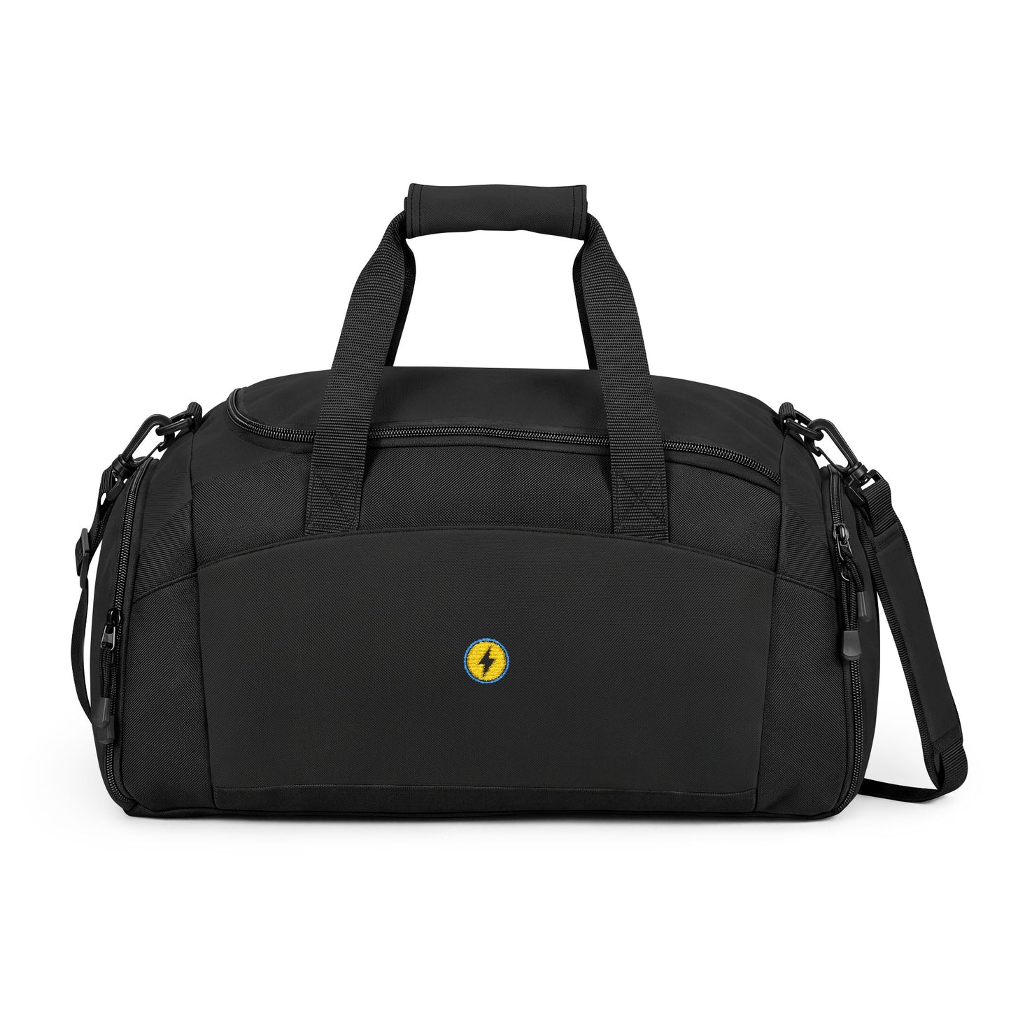 Black Athletic Gym Bag with Sunflower Patch — Durable Duffle for Workout & Travel