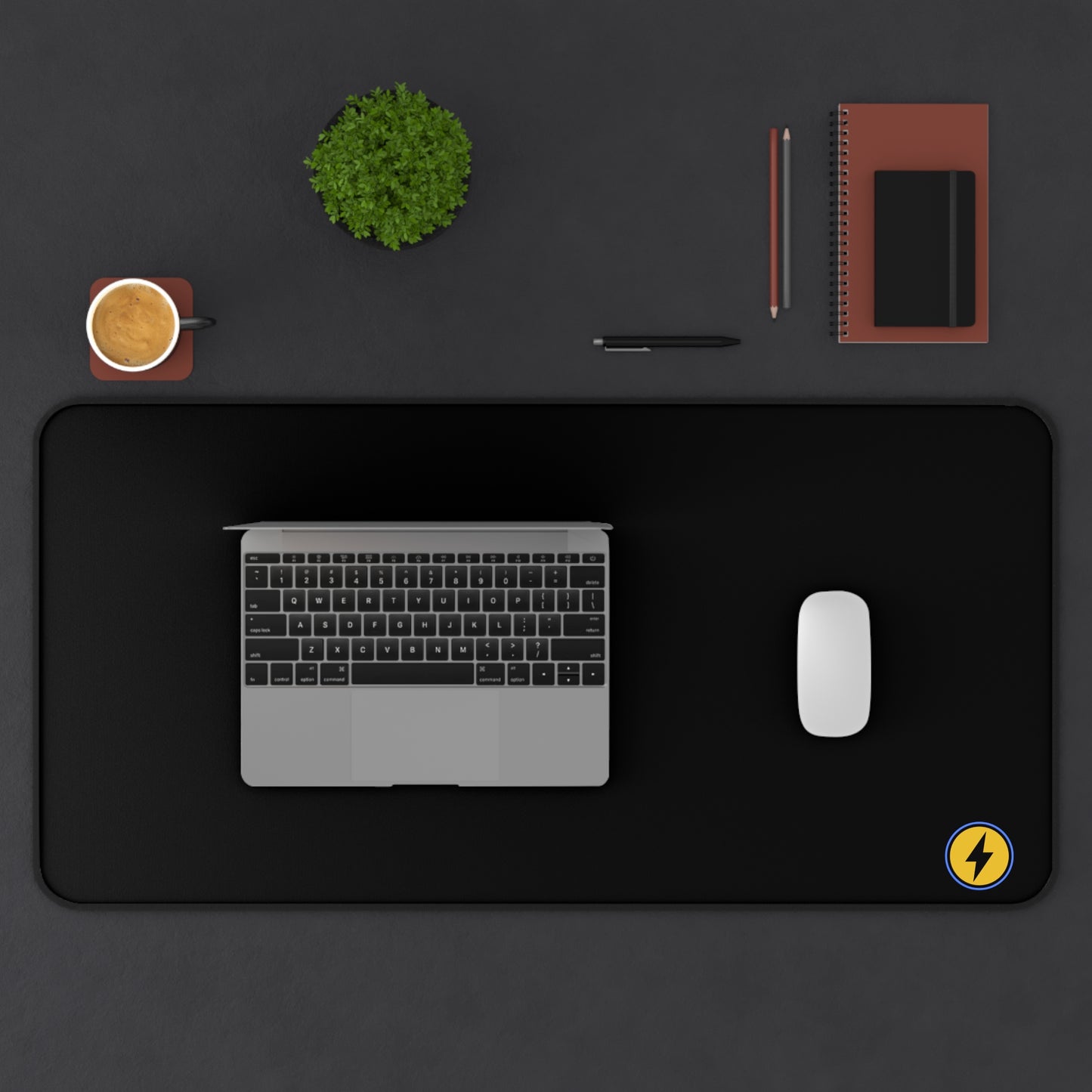 Desk Mat — Minimal Black Mouse Pad with Yellow Lightning Logo
