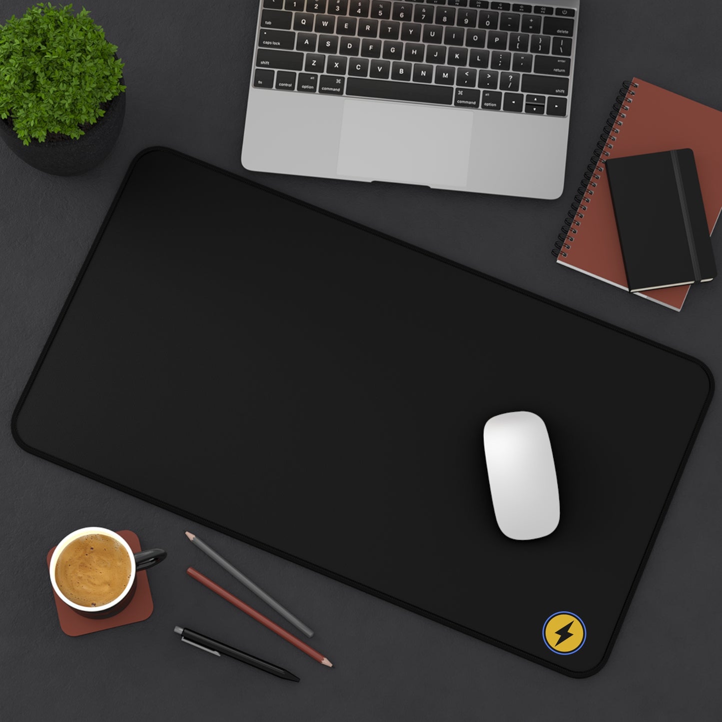 Desk Mat — Minimal Black Mouse Pad with Yellow Lightning Logo