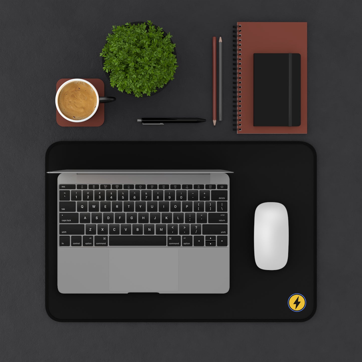 Desk Mat — Minimal Black Mouse Pad with Yellow Lightning Logo
