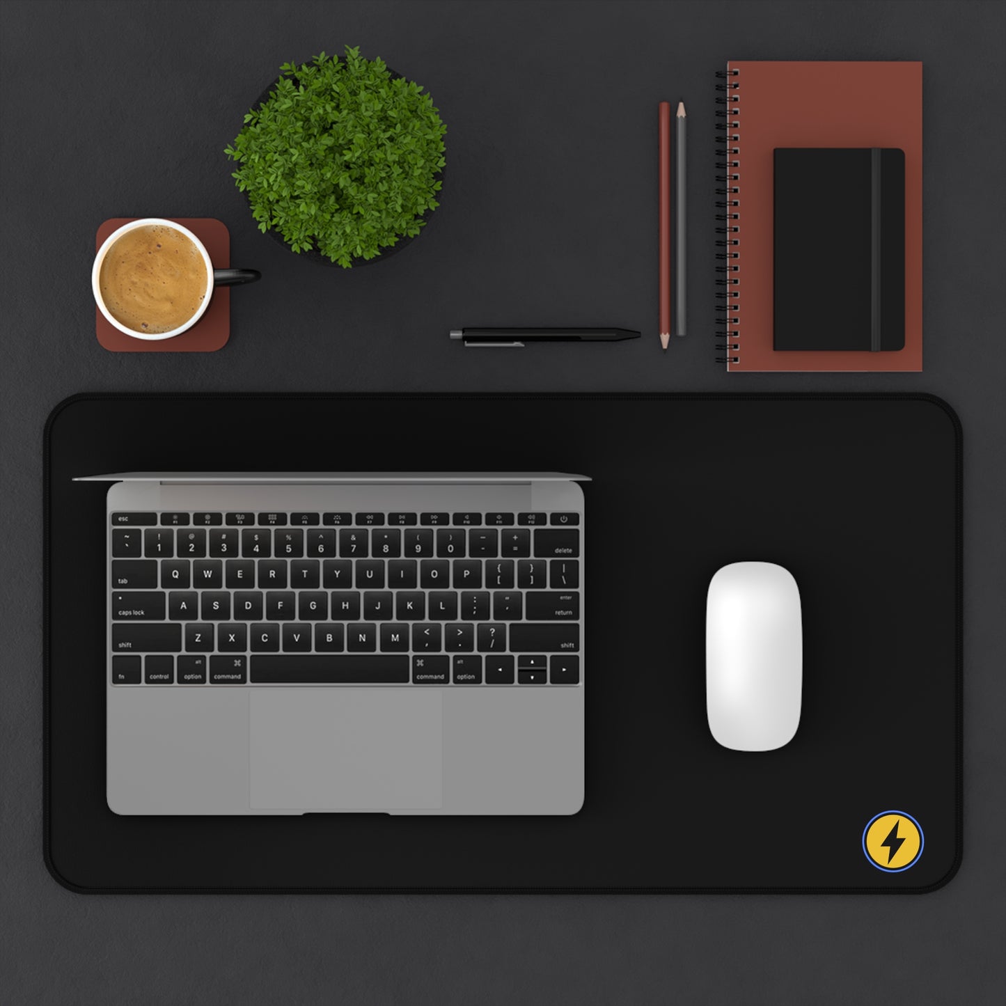 Desk Mat — Minimal Black Mouse Pad with Yellow Lightning Logo